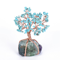 African Turquoise(Jasper) Natural African Turquoise(Jasper) Chips and Fluorite Pedestal Display Decorations, Healing Stone Tree, for Reiki Healing Crystals Chakra Balancing, with Rose Gold Tone Aluminum Wires, Lucky Tree, 120~150x65~80x52~72mm