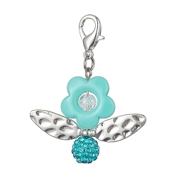 Medium Turquoise Acrylic Flower Pendant Decoration, with Polymer Clay Rhinestone Beads and Zinc Alloy Lobster Claw Clasps, 52mm