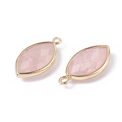 Rose Quartz Natural Rose Quartz Pendants, with Golden Plated Brass Findings, Faceted, Horse Eye, 21.5x11.5x3~5mm, Hole: 1.6mm