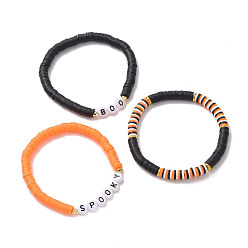Mixed Color 3Pcs 3 Styles Polymer Clay Heishi Surfer Stretch Bracelets Set, Word Spookey Boo Acrylic Preppy Bracelets for Halloween, Mixed Color, Inner Diameter: 2-1/8~2-1/4 inch(5.5~5.6cm), 1Pc/style