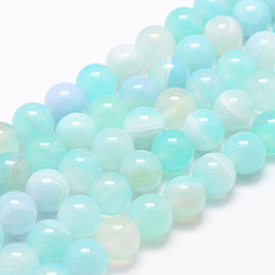 Aquamarine Natural Striped Agate/Banded Agate Bead Strands, Round, Dyed & Heated, Aquamarine, 8mm, Hole: 1mm, about 47~48pcs/strand, 14.5 inch