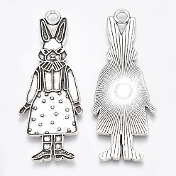 Antique Silver Tibetan Style Alloy Bunny Pendant Enamel Settings, Cadmium Free & Lead Free,, Rabbit with Dress, Antique Silver, 50x19.5x1.5mm, Hole: 2.5mm, about 260pcs/1000g