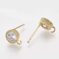 Real 18K Gold Plated Brass Cubic Zirconia Stud Earring Findings, with Loop, Flat Round, Clear, Real 18K Gold Plated, 9.5x7mm, Hole: 1.4mm, Pin: 0.9mm