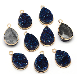 Midnight Blue Electroplate Natural Druzy Crystal Charms, with Golden Tone Brass Findings, teardrop, Dyed, Midnight Blue, 18x12x3~5mm, Hole: 2mm