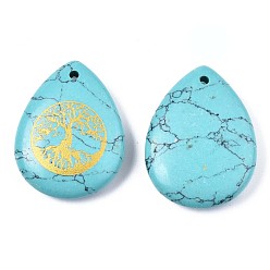 Synthetic Turquoise Synthetic Turquoise Pendants, Teardrop with Tree of Life Pattern, 32~33.5x25~26x6.5~7.5mm, Hole: 2mm, 6pcs/bag