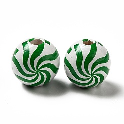 Vert Perles en bois naturel imprimées sur le thème de noël, ronde avec motif de tourbillon, verte, 16x14.5mm, Trou: 3.5mm