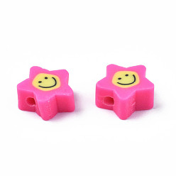 Hot Pink Handmade Polymer Clay Beads, Star with Smiling Face, Hot Pink, 7.5~9x8.5~9x3.5~4mm, Hole: 1.6mm