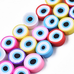 Colorful Handmade Polymer Clay Beads Strands, Flat Round with Evil Eye, Colorful, 8~11x4mm, Hole: 1.2mm, about 40pcs/strand, 13.98 inch~ 15.35inch(35.5cm~39cm)