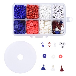 Mixed Color 4 July American Independence Day Jewelry Making Kits, Including 3 Colors 4mm Seed Beads, 8mm Polymer Clay Heishi Beads, Letter Beads, Polycotton Tassel, Elastic Crystal Thread, for DIY Bracelets Earring, Beads: 1110pcs/Box