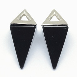 Obsidiana Colgantes naturales de obsidiana, con fornituras de aleación, triángulo, Platino, 34x14x14.5 mm, agujero: 4x6 mm