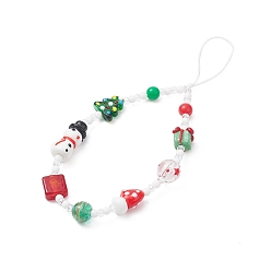 Colorful Christmas Handmade Lampwork Mobile Straps, with Acrylic & Glass Beads, Nylon Thread Mobile Accessories Decoration, Snowman/Glove/Tree/Gift Box, White, 170mm
