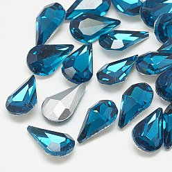 Capri Blue Pointed Back Glass Rhinestone Cabochons, Back Plated, Faceted, teardrop, Capri Blue, 10x6x3mm
