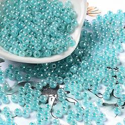 Turquoise Perles de rocaille en verre, Ceylan, trou rond, ronde, turquoise, 4x3mm, Trou: 1.5mm, 7500 pcs / livre