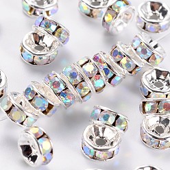 Clear AB Brass Rhinestone Spacer Beads, Beads, Grade A, White with AB Color, Clear AB, Silver Color Plated, Nickel Free, Size: about 6mm in diameter, 3mm thick, hole: 1mm