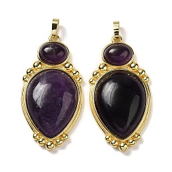 Amethyst Natural Amethyst Pendants, Teardrop Charms with Rack Plating Golden Tone Brass Findings, Cadmium Free & Lead Free, 43.5x22x7.8mm, Hole: 3.2x5.3mm