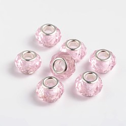 Pink Glass European Beads, Large Hole Beads, Pink, Brass Core in Silver Color, about 14mm wide, 9mm long, hole: 5mm