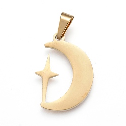 Golden 304 Stainless Steel Pendants, Laser Cut, Moon with Star, Golden, 20x15x1.5mm, Hole: 3x5mm