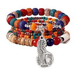Colorful 5Pcs 5 Style Wood & Glass Seed & Acrylic Beaded Stretch Bracelets Set with Baseball, Bohemian Stackable Bracelets with Alloy Wings & Pairs Charm for Women, Colorful, 7-1/8 inch(18cm), 1Pc/style