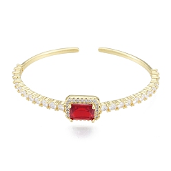 Red Cubic Zirconia Rectangle Open Cuff Bangle, Real 18K Gold Plated Brass Jewelry for Women, Red, Inner Diameter: 1-3/4x2-1/4 inch(4.6x5.6cm)