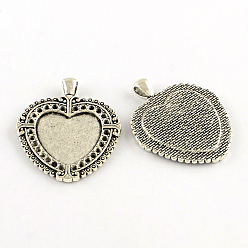Antique Silver Tibetan Style Heart Alloy Pendant Cabochon Settings, Lead Free & Cadmium Free, Antique Silver, Tray: 25x25mm, Fit For 2mm, 48.5x40x7mm, Hole: 6mm, 86pcs/1000g