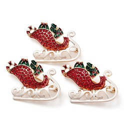 Red Christmas Sleigh Enamel Pin with Rhinestone, Alloy Brooch for Backpack Clothes, Red, 29x39mm