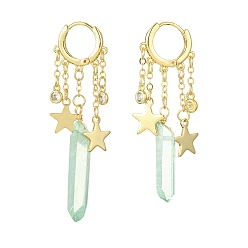 Pale Green Dyed Natural Quartz Crystal Bullet Dangle Hoop Earrings, Golden Brass Star Tassel Earrings, Pale Green, 55~63x17mm