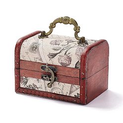 Linen Vintage Wooden Jewelry Box, Pu Leather Decorative Treasure Chest Boxes, with Carry Handle and Latch, Rectangle with Stamp Pattern, Linen, 11.9x9.05x9cm