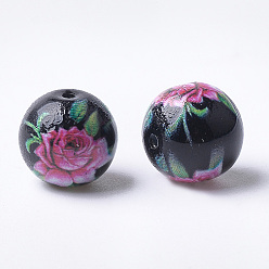 Noir Perles de verre imprimées et peintes au pistolet, ronde avec motif de fleurs, noir, 10~10.5x9.5mm, Trou: 1.6mm