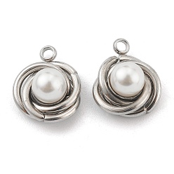 Stainless Steel Color 304 Stainless Steel Charms, with White Plastic Imitation Pearl Beads, Vortex, Stainless Steel Color, 14x12x7mm, Hole: 1.6mm