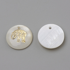 Golden Freshwater Shell Pendants, Flat Round & Elephant, Golden, 16x3.5~4mm, Hole: 1.2mm