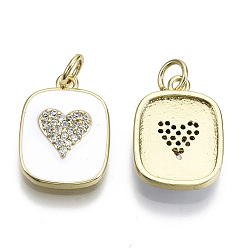 White Brass Micro Pave Clear Cubic Zirconia Pendants, with Enamel and Jump Ring, Rectangle with Heart, Real 16K Gold Plated, Nickel Free, White, 17.5x13x3mm, Jump Ring: 5x1mm, 3mm inner diameter
