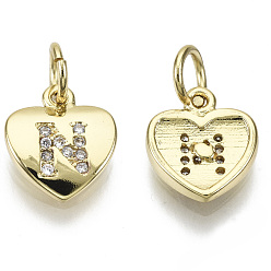 Letter N Brass Micro Pave Clear Cubic Zirconia Charms, with Jump Ring, Heart with Letter, Real 16K Gold Plated, Nickel Free, Letter.N, 10x9x2mm, Jump Ring: 5x1mm, 3mm inner diameter