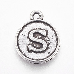 Letter S Tibetan Style Alloy Charms, Flat Round with Letter, Antique Bronze, Letter.K, 15x12.5x2mm, Hole: 1.5mm