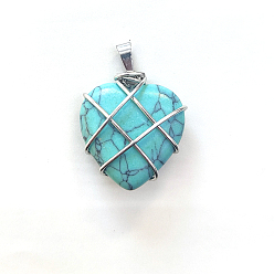 Synthetic Turquoise Synthetic Turquoise Copper Wire Wrapped Pendants, Heart Charms, Silver Color, 20mm