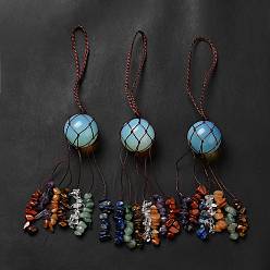 Opalite Opalite Round Pendant Decorations, Chakra Gemstone Chips Nylon Cord Hanging Ornament, 205mm