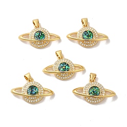 Real 18K Gold Plated Rack Plating Brass Micro Pave Cubic Zirconia with Synthetic Opal Pendants, with Jump Ring, Lead Free & Cadmium Free, Long-Lasting Plated, Planet, Real 18K Gold Plated, 15.5x25x5.6mm, Hole: 5x3.6mm
