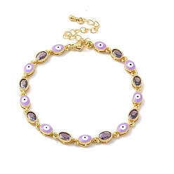 Lilac Enamel Evil Eye & Glass Oval Link Chain Bracelet, Golden Brass Jewelry for Women, Lilac, 7-1/4 inch(18.3cm)