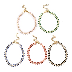 Mixed Color Enamel Ear of Wheat Link Chains Bracelet, Vacuum Plating 304 Stainless Steel Jewelry for Women, Mixed Color, 6-7/8 inch(17.6cm)