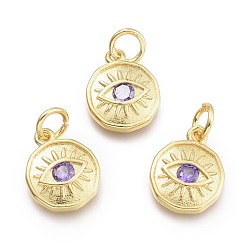 Lilac Brass Micro Pave Cubic Zirconia Pendants, with Jump Ring, Flat Round with Eye, Real 18K Gold Plated, Lilac, 12x10x2mm, Jump Rings: 5x0.8mm, Inner Diameter: 3mm