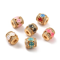 Mixed Color Real 18K Gold Plated Brass Micro Pave Clear Cubic Zirconia Beads, with Enamel, Cadmium Free & Nickel Free & Lead Free, Column with Smile Faces, Mixed Color, 10x10mm, Hole: 3mm