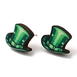 Hat Saint Patrick's Day Green Wood Stud Earrings, with 316 Stainless Steel Pins, Hat, 14.5x17mm