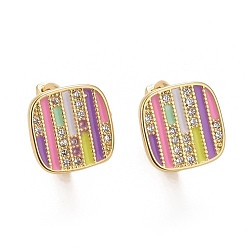 Real 18K Gold Plated Colorful Enamel Stripe Rectangle Hoop Earrings with Cubic Zirconia, Rack Plating Brass Jewelry for Women, Cadmium Free & Lead Free & Nickle Free, Real 18K Gold Plated, 9.5x10mm, Pin: 0.8mm