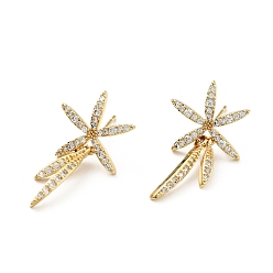 Real 18K Gold Plated Clear Cubic Zirconia Leaf Dangle Stud Earrings, Brass Jewelry for Women, Cadmium Free & Lead Free, Real 18K Gold Plated, 27x15x2.3mm, Pin: 0.8mm