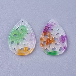 Colorful Carved Natural White Jade Pendants, Dyed, Teardrop, Colorful, 25x17x1~3mm, Hole: 1mm