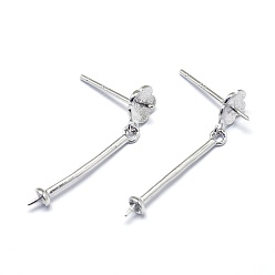 Platinum Rhodium Plated 925 Sterling Silver  Stud Earring Findings, For Half Drilled Beads, Bar, Platinum, 27x5.5mm, Pin: 0.6mm