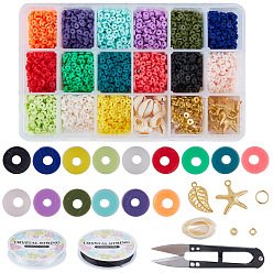 Mixed Color SUNNYCLUE DIY Jewelry Set Kits, with Eco-Friendly Handmade Polymer Clay Heishi Beads, Brass Spacer Beads, Cowrie Shells, Alloy Pendants, Iron Jump Rings, Elastic Crystal Thread, Steel Scissors, Mixed Color, Disc Beads: 6x1mm, Hole: 2mm
