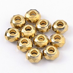 Goldenrod Glass European Beads, Electroplate Style, with Golden Plated Brass Double Cores, Faceted, Rondelle, Goldenrod, 14x9mm, Hole: 5mm