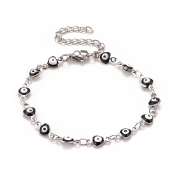 Black Enamel Heart with Evil Eye Link Chains Bracelet, 304 Stainless Steel Jewelry for Women, Stainless Steel Color, Black, 6-3/4 inch(17.1cm)