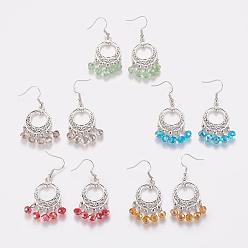 Couleur Mélangete Boucles d'oreilles chandelier de style tibétain, avec des perles en verre et des crochets de boucles d'oreilles en laiton, couleur mixte, 55mm