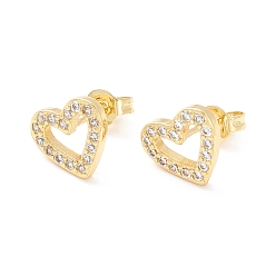 Real 18K Gold Plated Clear Cubic Zirconia Open Heart Stud Earrings, Brass Jewelry for Women, Cadmium Free & Nickel Free & Lead Free, Real 18K Gold Plated, 9x10.5mm, Pin: 0.7mm